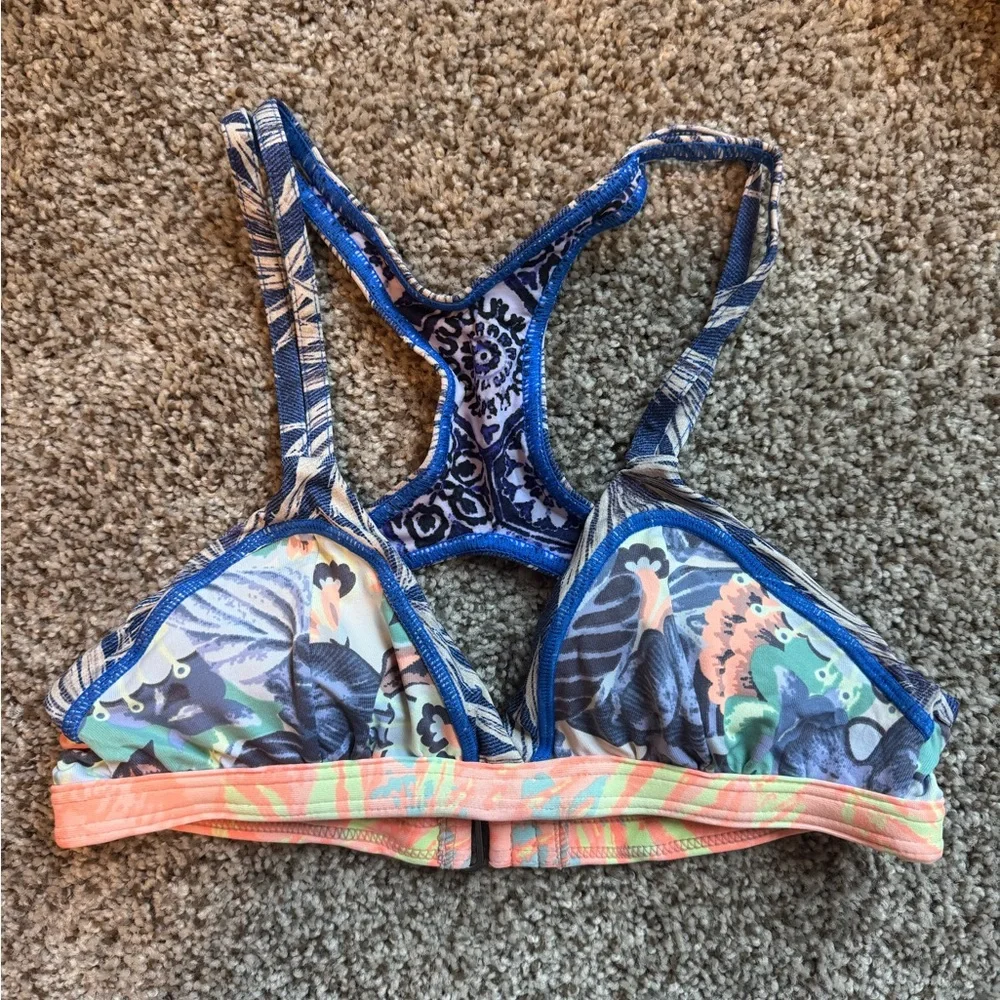 Maaji Blue Floral & Coral Trim Bikini Top